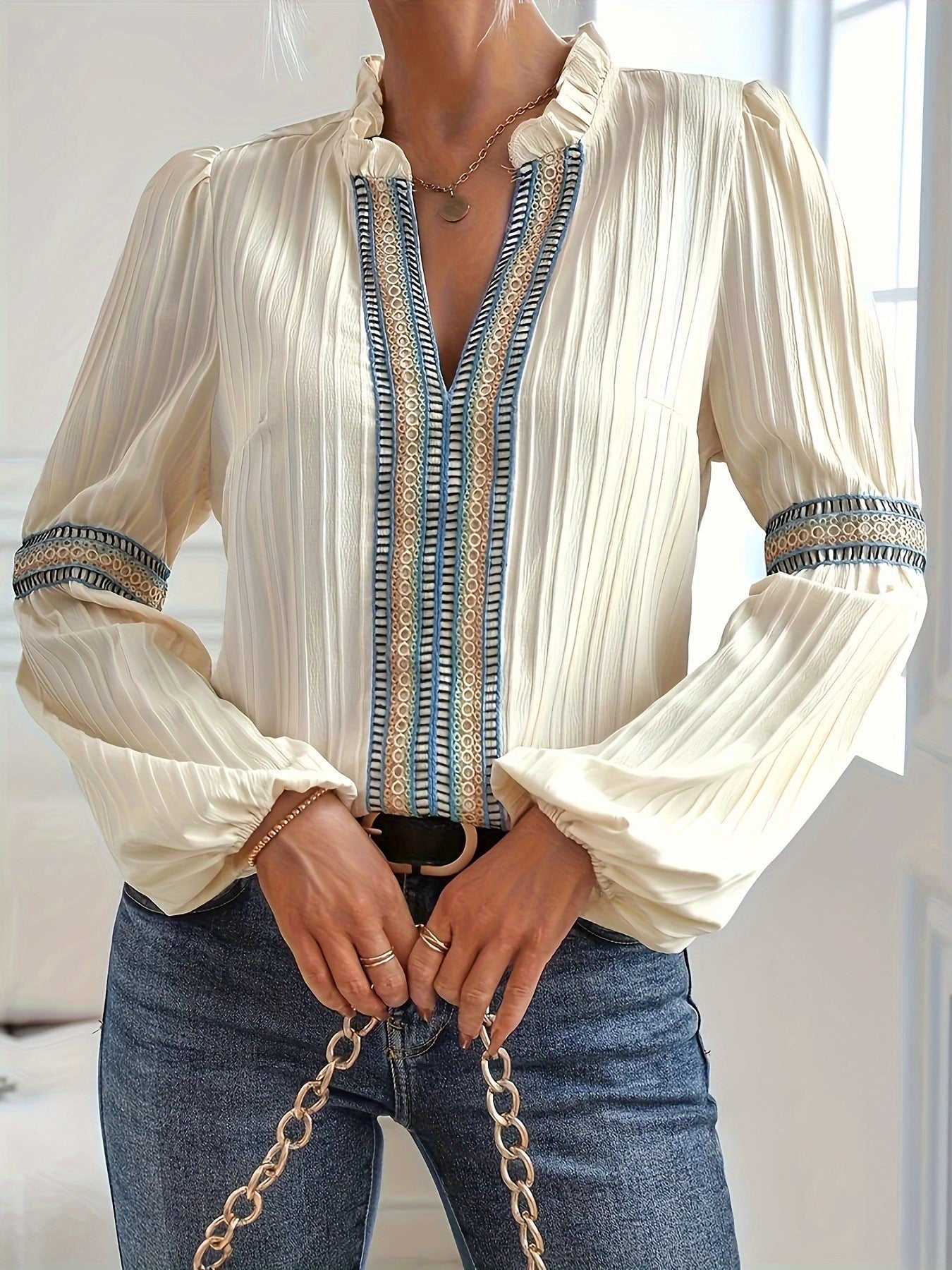 Camicia Boho a Manica Lunga con Elementi Tribali