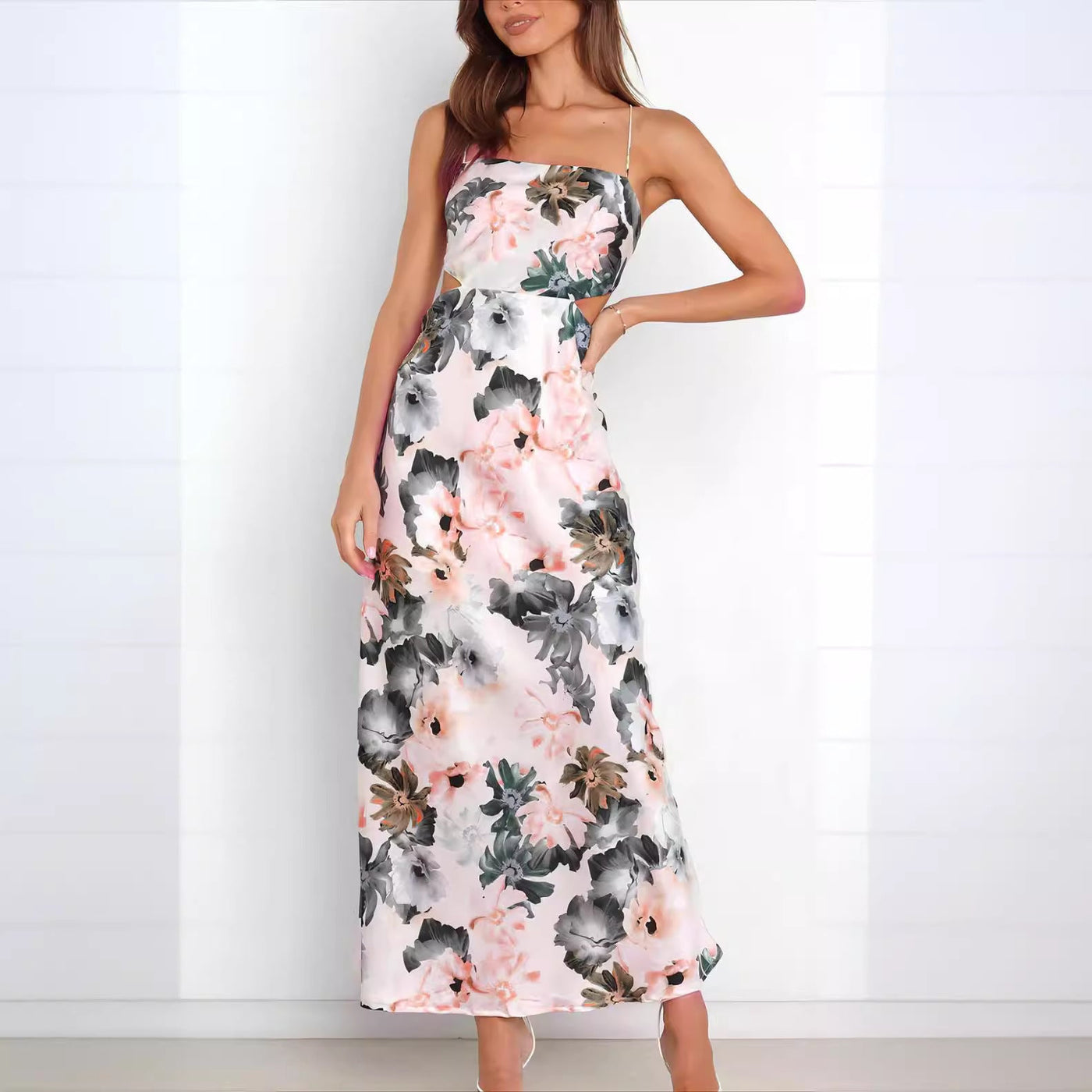 Abito Lungo in Satin con Stampa Floreale