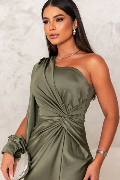 Valeria - Abito Lungo Asimmetrico in Satin con Drappeggiature
